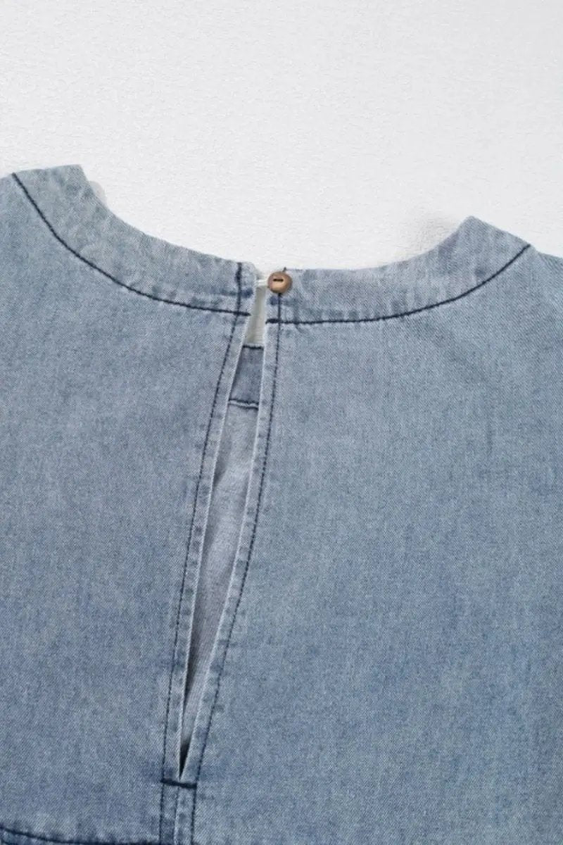 Cutout Round Neck Balloon Sleeve Denim Dress - Love Salve